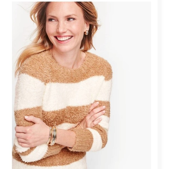 Talbots Sweaters - Talbots Ultra Plush Stripe Crewneck Sweater Tan Cream Size XL